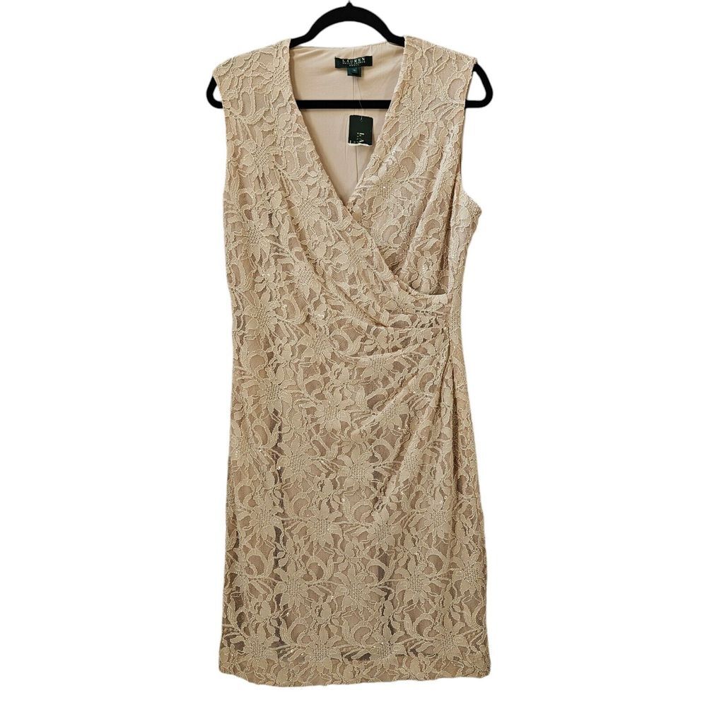 Lauren Ralph Lauren Dress Womens‎ Size 14 Cream Floral Sequence Midi V-Neck NEW